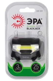 Фонарь налобный GB-501 "Блэкджек", 3W COB, 3 режима (3хAAA), черный ERA