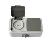 Блок роз б/з с крышкой+ 2 кл выкл серый ОП Пралеска АКВА IP54 16А (2В-РЦ-655(03))