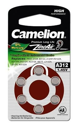 Батарейка для слухового аппарата 312 / ZA312 / PR41 Camelion BL-6 Mercury Free (A312-BP6 (0%Hg)