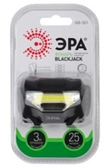 Фонарь налобный GB-501 "Блэкджек", 3W COB, 3 режима (3хAAA), черный ERA