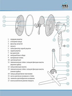Вентилятор напольный VGF-01 Black, 40 Вт, 3 режима, 90º поворот, чёрный VKL electric (4)