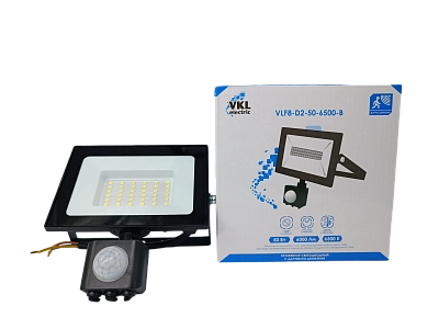 Прожектор светодиодный с дат.движ.50W VLF8-D2-50-6500-B 6500К 6000Лм 220V IP65  148*155*58 (руч.рег) чер.VKL electric