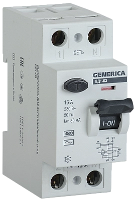 Выключатель дифференциальный УЗО 2Р 16А 30мА ВД1-63 GENERICA (ИЭК)