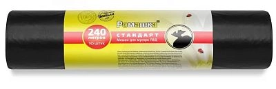 Мешки для мусора 240л РОМАШКА СТАНДАРТ, ПВД, р-р 90х140, 30мкр, аромат - ваниль, черные (рулон 10шт)