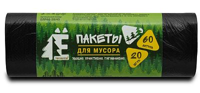 Мешки для мусора 60л РОМАШКА ЕЛР, ПНД, р-р 60х70, 6мкр, черные (рулон 20шт)