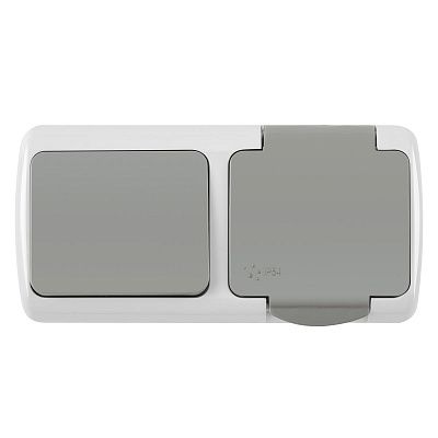 Блок розетка с/з с крышкой + 1 кл выключатель серый ОП, IP54 VKL electric (1/5/60)