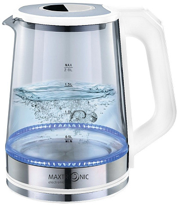 Чайник стекл. электрический MAX-1782 2.0л/1800Вт, дисковый нагревательный элемент, с подсветкой, белый/нерж вставки MAXTRONIC