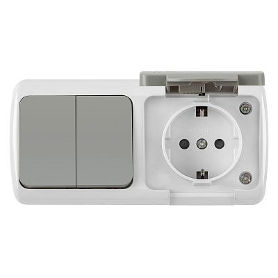 Блок розетка с/з с крышкой + 2 кл выключатель серый ОП, IP54 VKL electric (1/5/60)