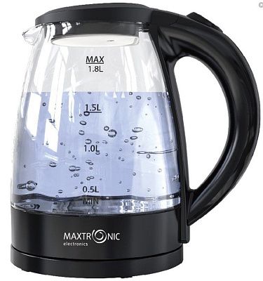 Чайник стекл. электрический MAX-205 1.8л/1800Вт, дисковый нагревательный элемент, с подсветкой, черный MAXTRONIC
