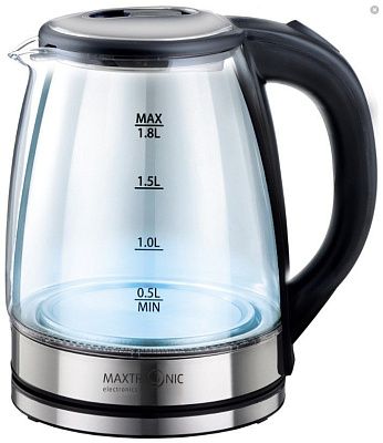 Чайник стекл. электрический MAX-403 1.8л/1800Вт, дисковый нагревательный элемент, с подсветкой, черный со вставками из нержавеющей стали MAXTRONIC